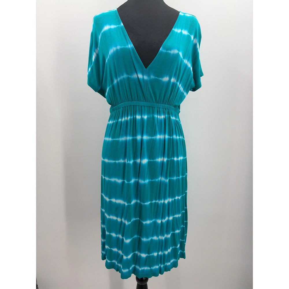 New York & Company Teal Tie Dye Stripe Empire Waist V-Neck Midi Dress Womens S